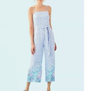Lilly Pulitzer Sandra Jumpsuit Sea la Vie Size 4 Wide Leg Tie Belt White Blue